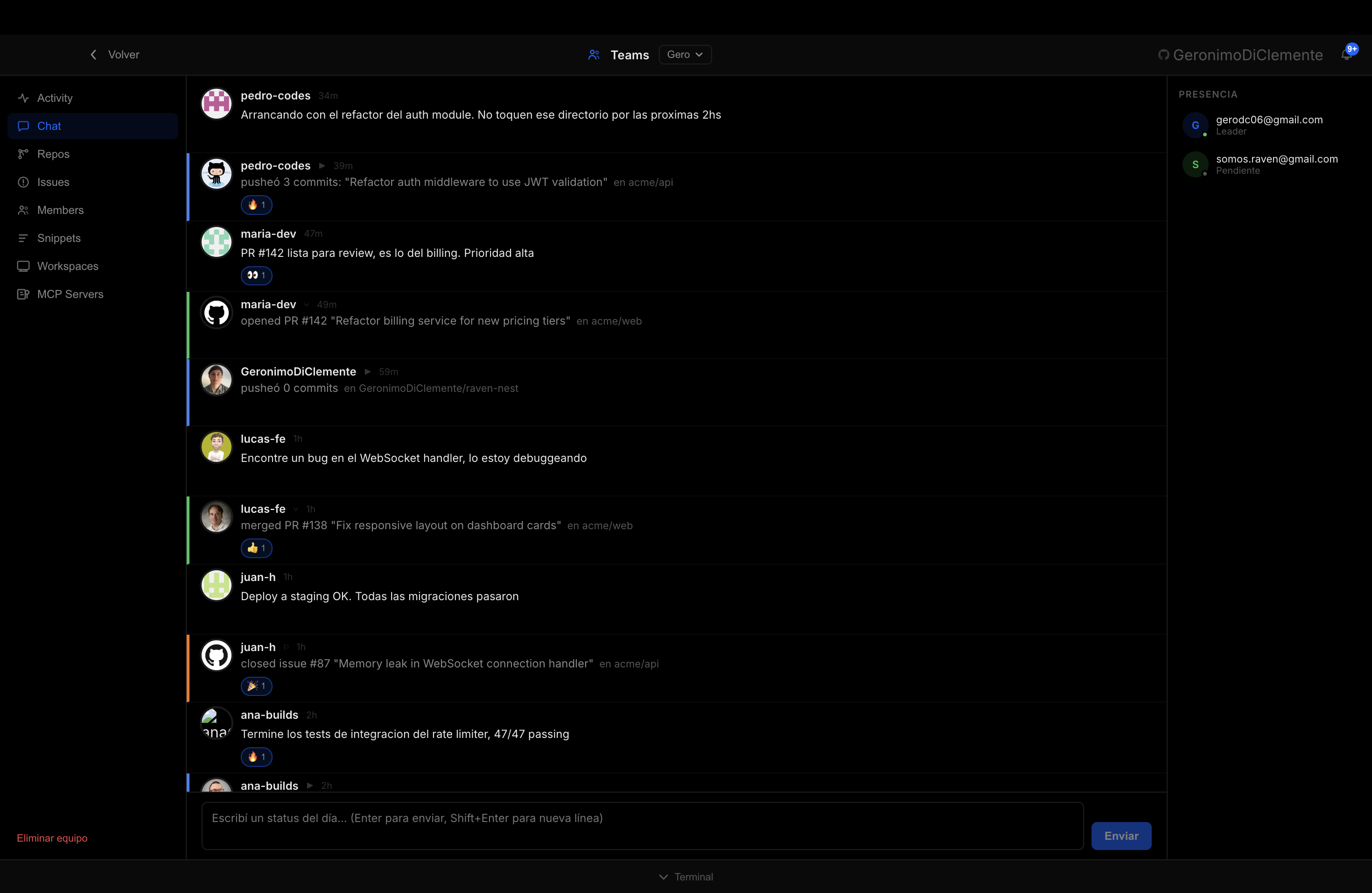Team Chat — real-time messages, GitHub events and reactions